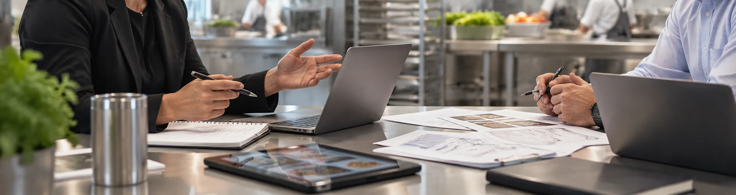 Two people working on an investment plan at a laptop in a kitchen