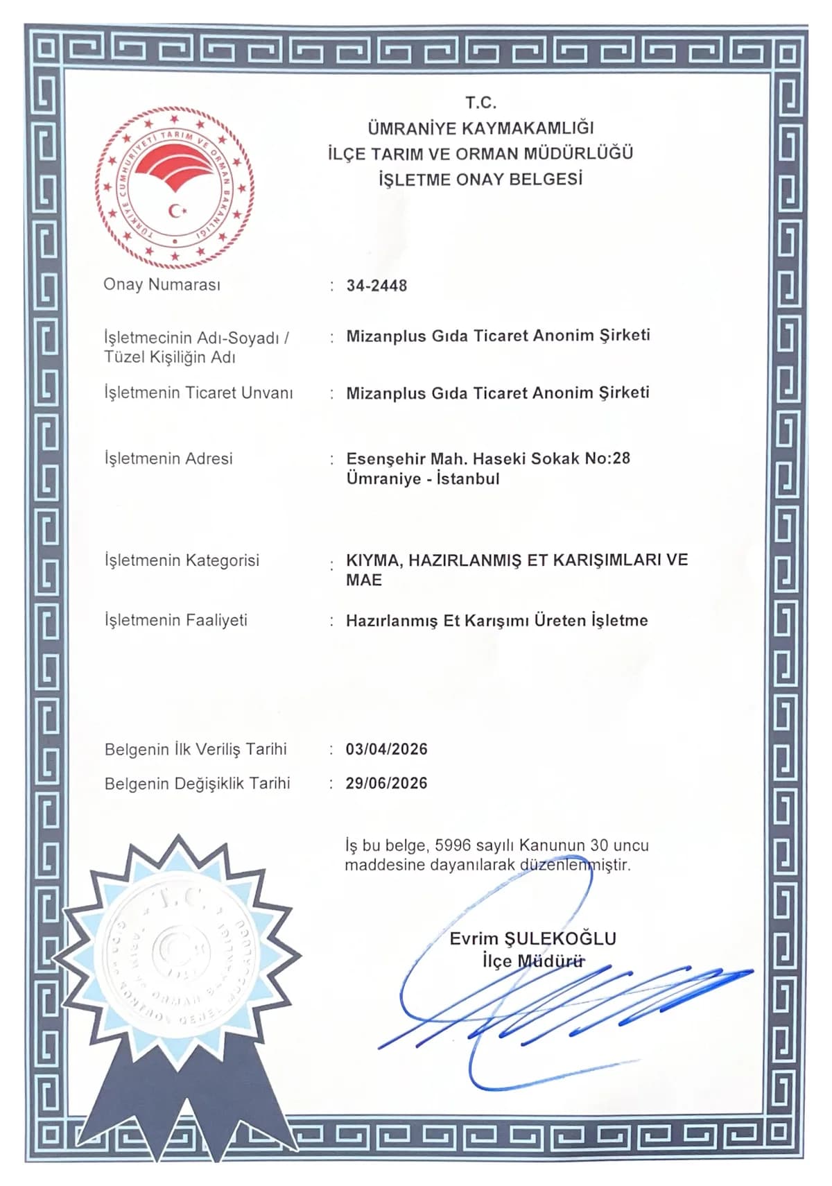 İşletme Onay Belgesi'nin taranmış görüntüsü