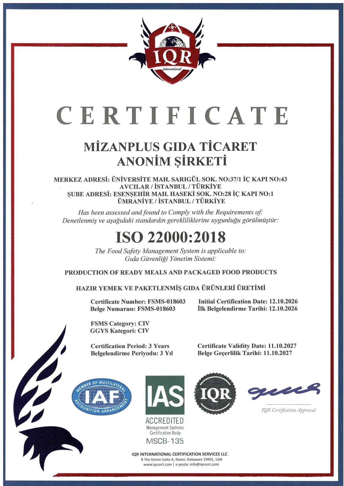 Mizanplus ISO 22000:2018 certificate