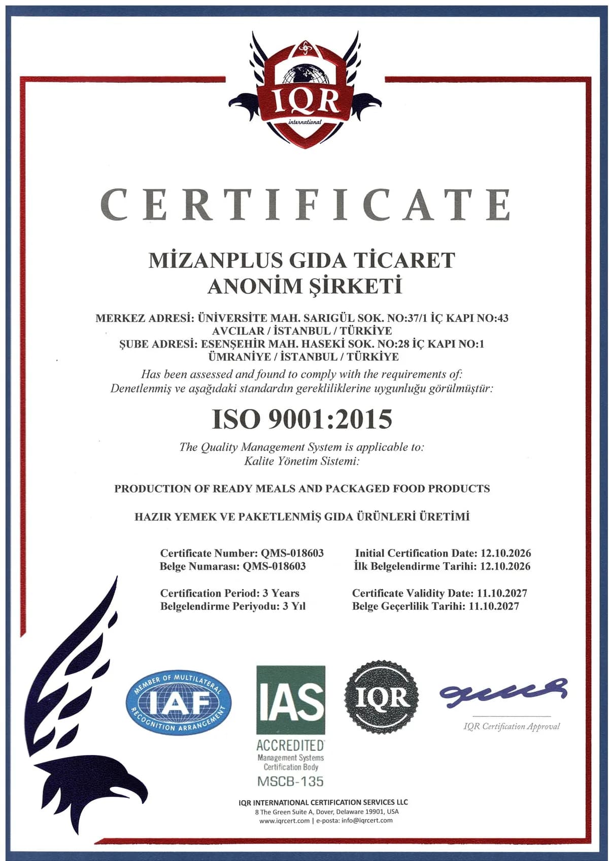 ISO 9001:2015 Kalite Yönetim Sistemi belgesinin taranmış görüntüsü