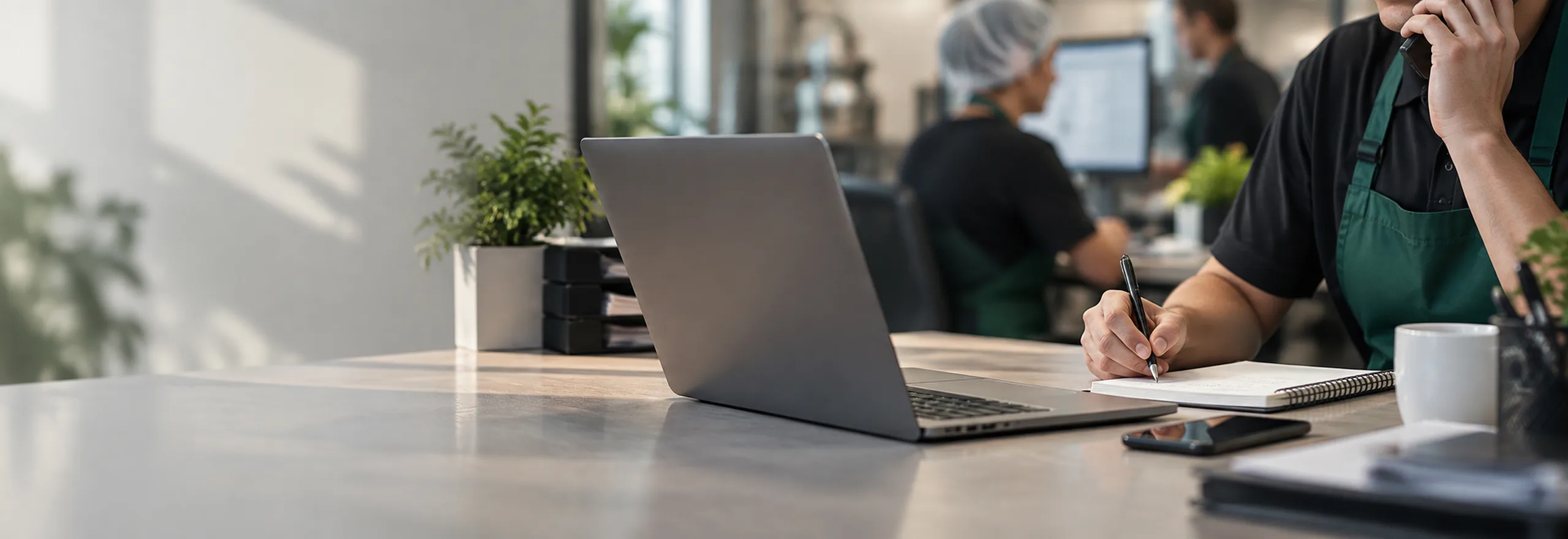 Manager taking notes at a laptop in a Mizanplus kitchen
