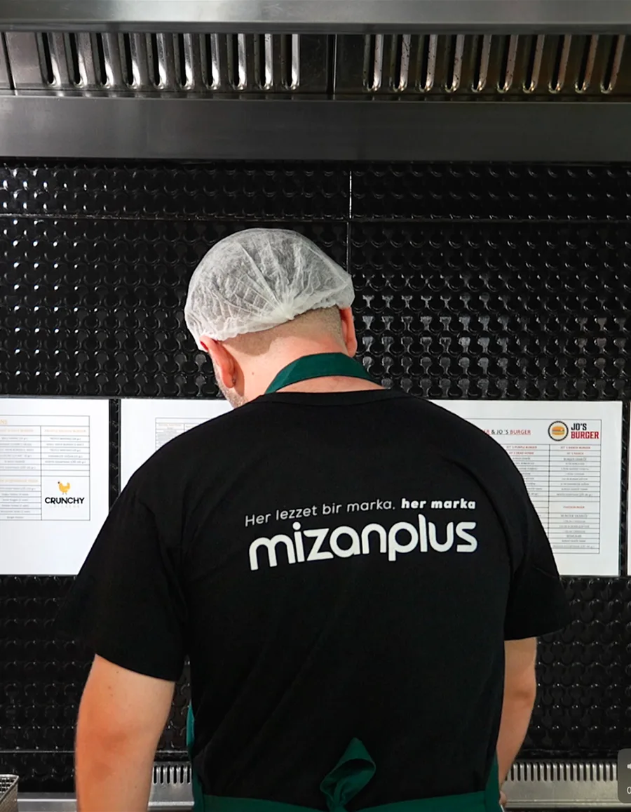 Mizanplus mutfağında reçete panolarının önündeki ekip