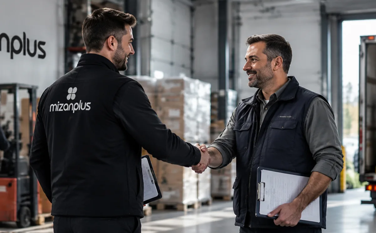 A Mizanplus representative shaking hands with a franchise candidate