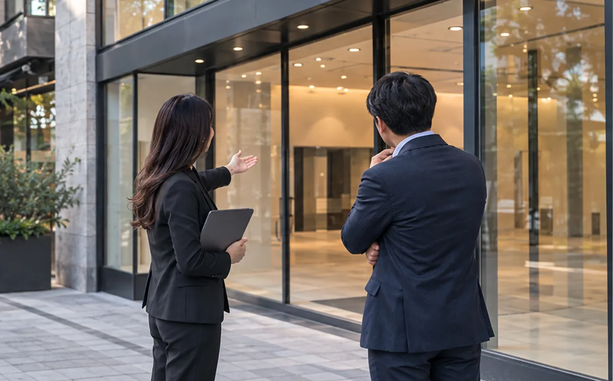 Two people looking over a storefront during a location assessment
