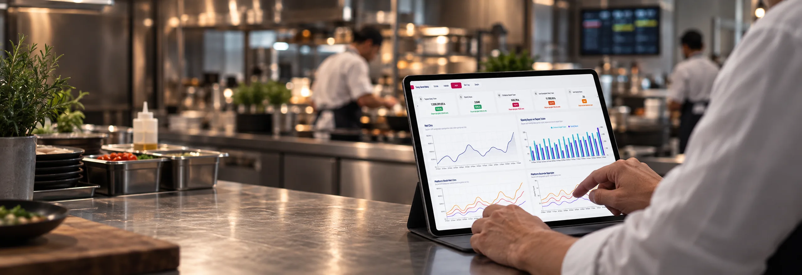 Tablet showing Paket Master reports on a kitchen counter