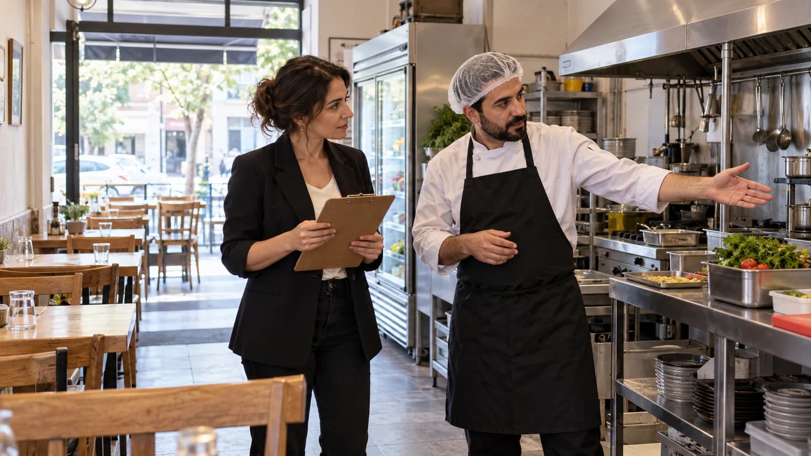 Girişimci ve aşçı, açılış öncesinde restoran mutfağının yerleşimini inceliyor.