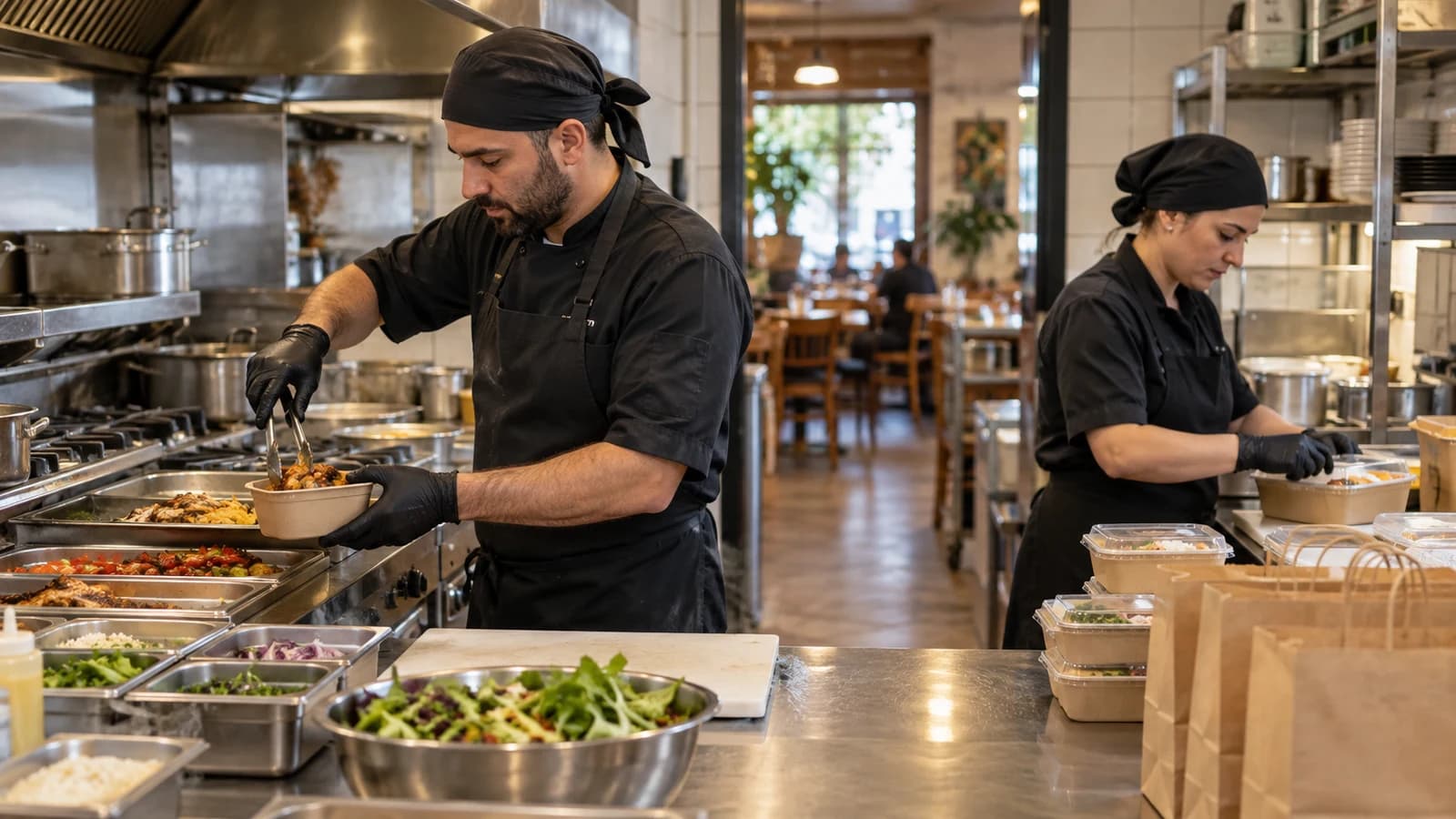 Restoran mutfağında ayrı hazırlık ve paketleme alanlarında çalışan iki personel